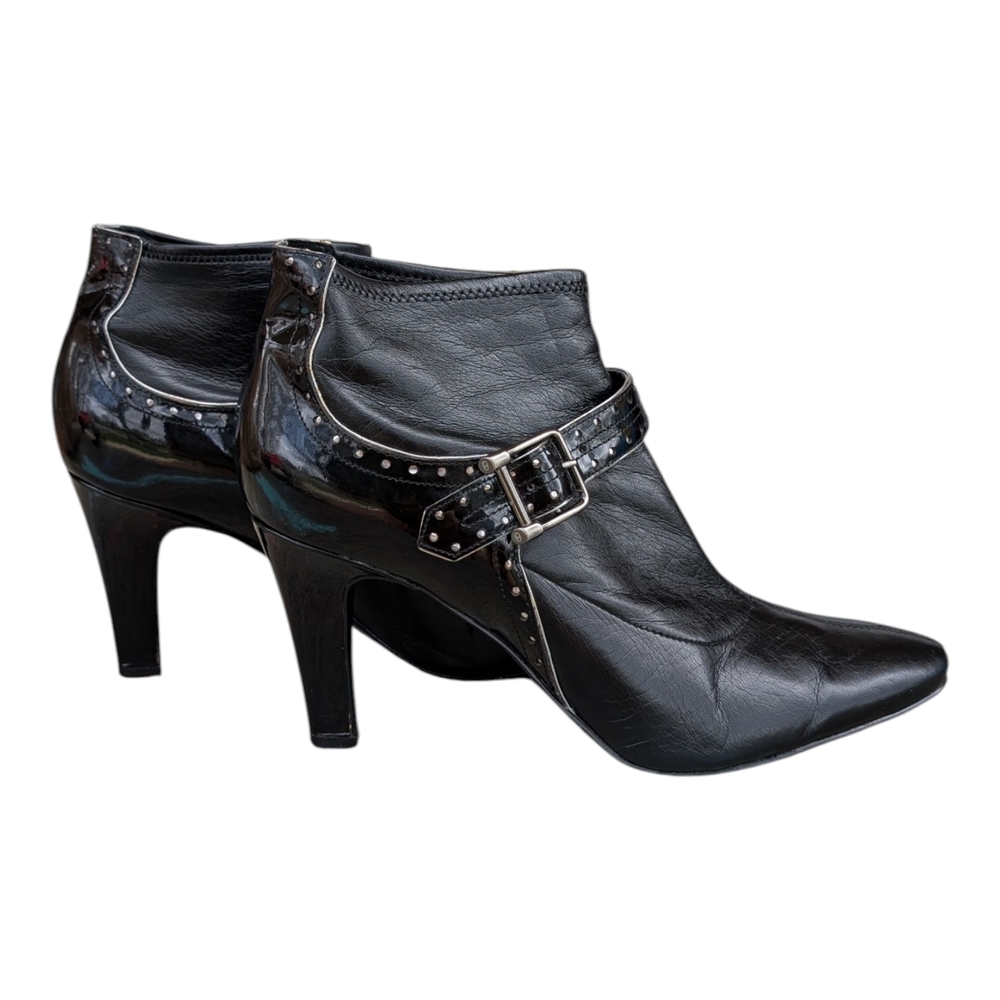 Joan & David Black Leather Heeled Ankle Boots with Studded Strap - Picture 2 of 6